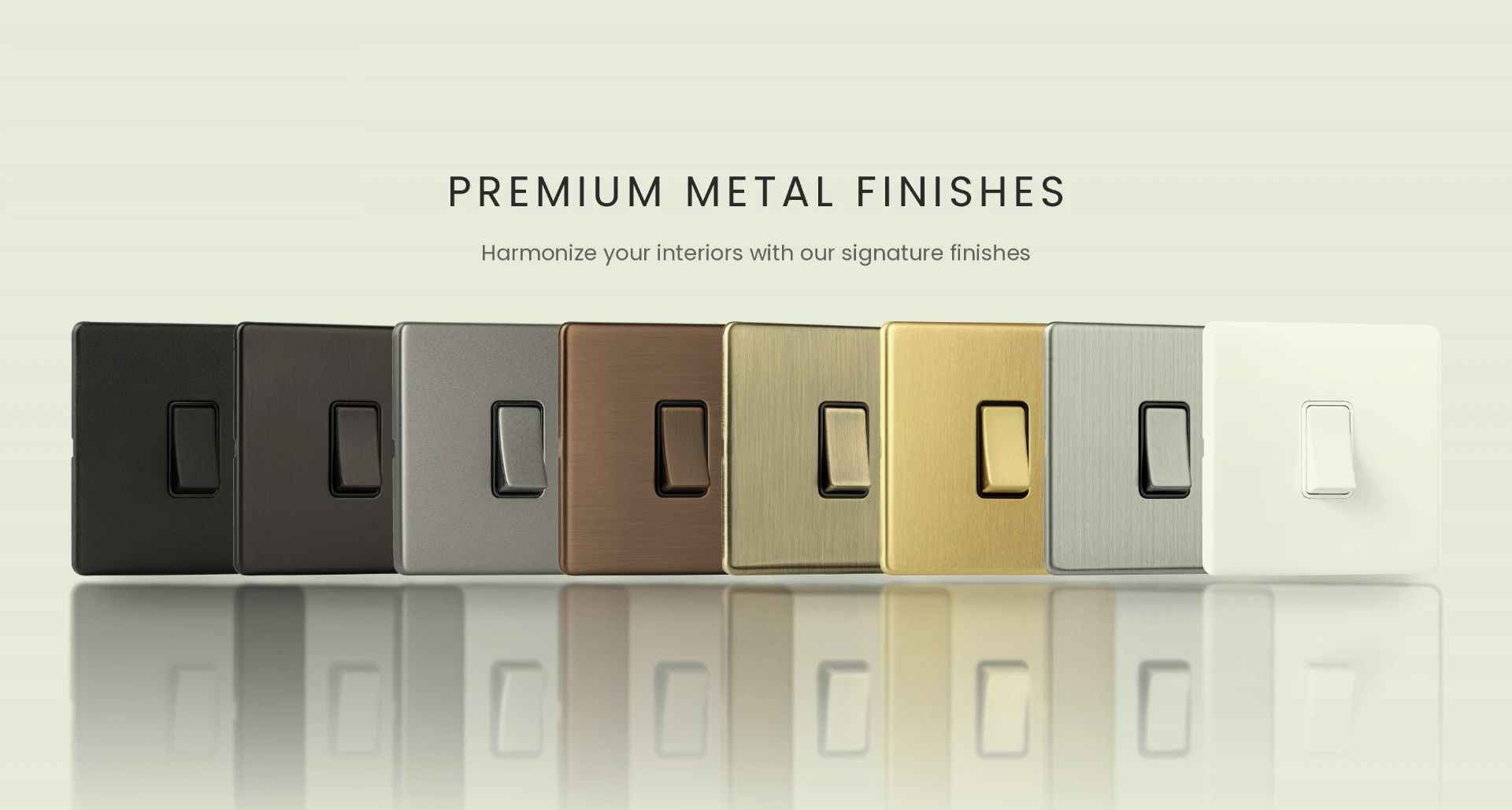 Britnox premium metal finishes — the full range of switch plates in eight finishes